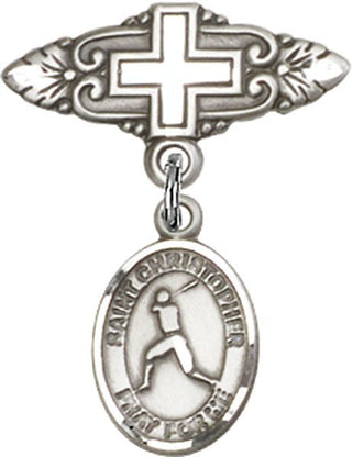 Sterling Silver Badge Pin With Cross St. Christopher/Baseball Baby Badge