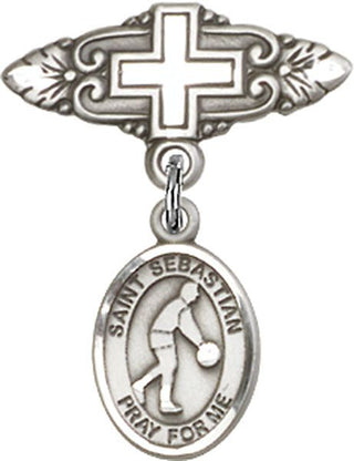 Sterling Silver Badge Pin With Cross St. Sebastian/Basketball Baby Badge