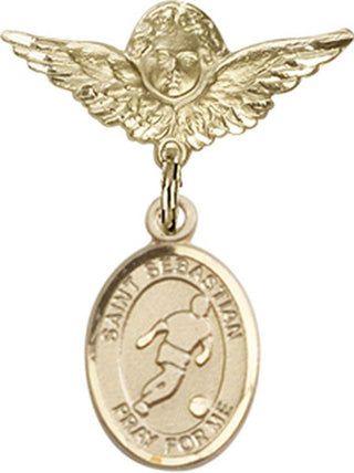 14kt Gold Filled Small Angel w/Wings St. Sebastian/Soccer Baby Badge