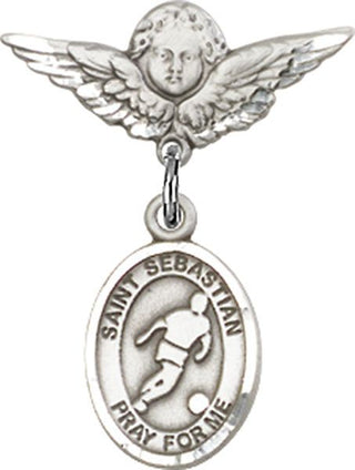 Sterling Silver Small Angel w/Wings St. Sebastian/Soccer Baby Badge