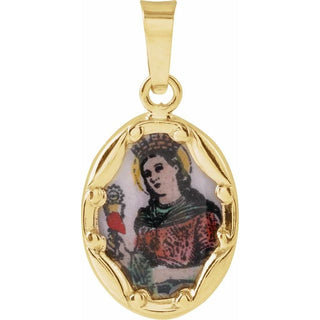 14K Yellow 13x10 mm Oval Hand Painted Porcelain Saint Barbara Medal