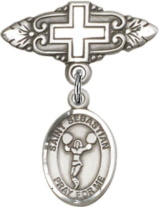 Sterling Silver Badge Pin With Cross St. Sebastian/Cheerleading Baby Badge