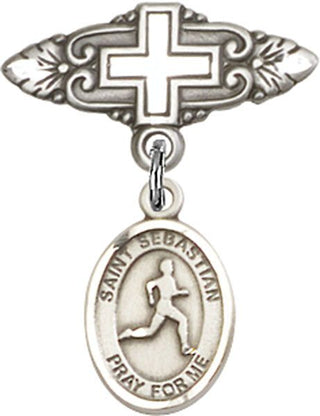 Sterling Silver Badge Pin With Cross St. Sebastian/Track & Field Baby Badge