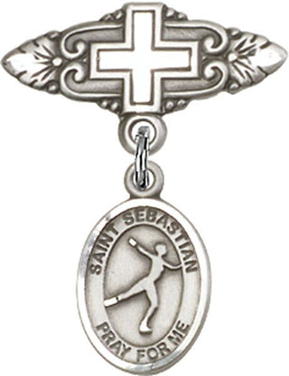 Sterling Silver Badge Pin With Cross St. Sebastian/Figure Skating Baby Badge