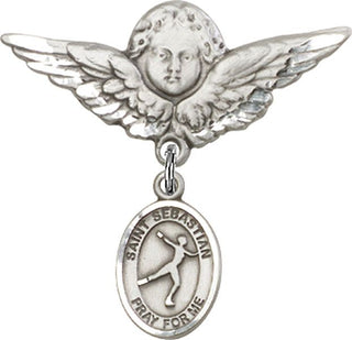 Sterling Silver Large Angel w/Wings St. Sebastian/Figure Skating Baby Badge