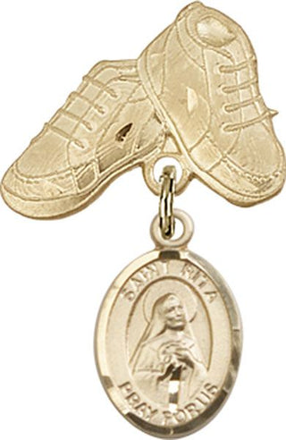 14kt Gold Baby Boots St. Rita / Baseball Baby Badge