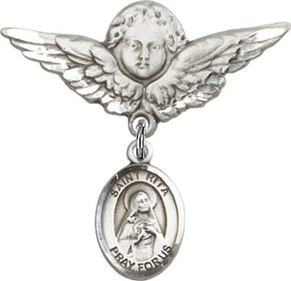 Sterling Silver Large Angel w/Wings St. Rita / Baseball Baby Badge