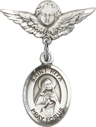 Sterling Silver Small Angel w/Wings St. Rita / Baseball Baby Badge