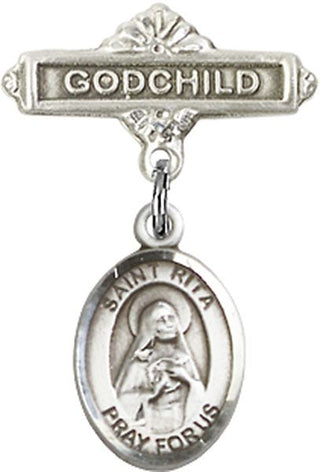 Sterling Silver Godchild St. Rita / Baseball Baby Badge