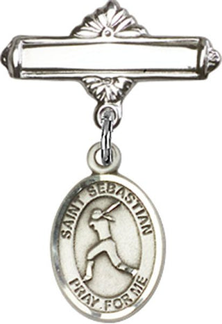 Sterling Silver Polished Badge Pin St. Sebastian/Softball Baby Badge