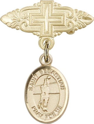 14kt Gold Filled Badge Pin With Cross St. Sebastian / Volleyball Baby Badge