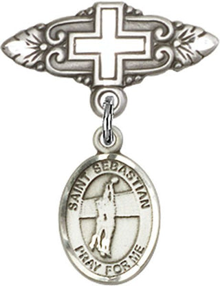 Sterling Silver Badge Pin With Cross St. Sebastian / Volleyball Baby Badge