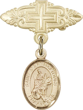 14kt Gold Badge Pin With Cross St. Martin of Tours Baby Badge - Engravable
