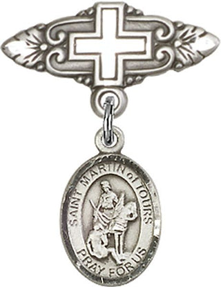Sterling Silver Badge Pin With Cross St. Martin of Tours Baby Badge - Engravable