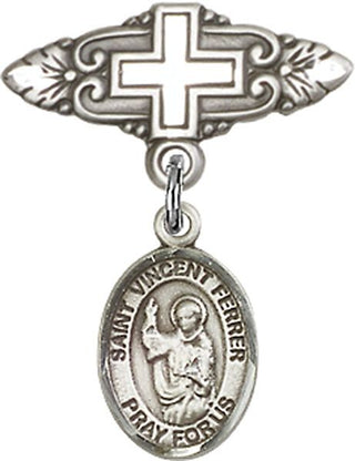 Sterling Silver Badge Pin With Cross St. Vincent Ferrer Baby Badge - Engravable