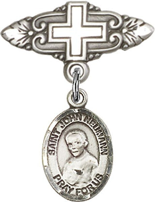 Sterling Silver Badge Pin With Cross St. John Neumann Baby Badge - Engravable