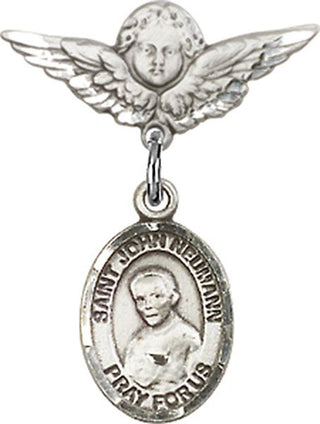 Sterling Silver Small Angel w/Wings St. John Neumann Baby Badge - Engravable
