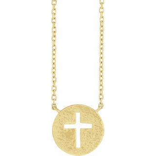 14K Yellow Pierced Cross Hammered Disc 18" Necklace