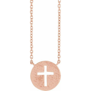 14K Rose Pierced Cross Hammered Disc 18" Necklace
