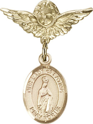 14kt Gold Small Angel w/Wings O/L of Fatima Baby Badge - Engravable