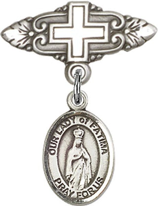 Sterling Silver Badge Pin With Cross O/L of Fatima Baby Badge - Engravable