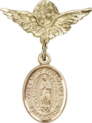 14kt Gold Small Angel w/Wings O/L of Guadalupe Baby Badge - Engravable
