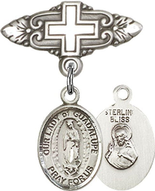 Sterling Silver Badge Pin With Cross O/L of Guadalupe Baby Badge - Engravable