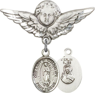 Sterling Silver Large Angel w/Wings O/L of Guadalupe Baby Badge - Engravable