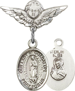 Sterling Silver Small Angel w/Wings O/L of Guadalupe Baby Badge - Engravable