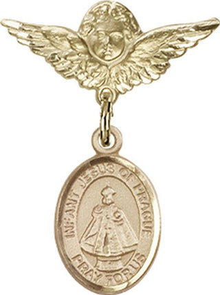 14kt Gold Filled Small Angel w/Wings Infant of Prague Baby Badge - Engravable