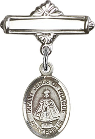 Sterling Silver Polished Badge Pin Infant of Prague Baby Badge - Engravable