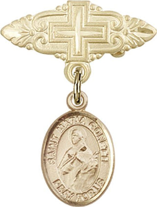 14kt Gold Badge Pin With Cross St. Maria Goretti Baby Badge - Engravable