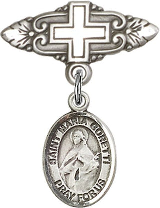 Sterling Silver Badge Pin With Cross St. Maria Goretti Baby Badge - Engravable