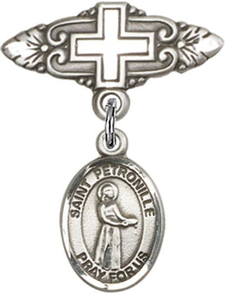 Sterling Silver Badge Pin With Cross St. Petronille Baby Badge - Engravable