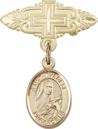 14kt Gold Badge Pin With Cross St. Therese of Lisieux Baby Badge - Engravable