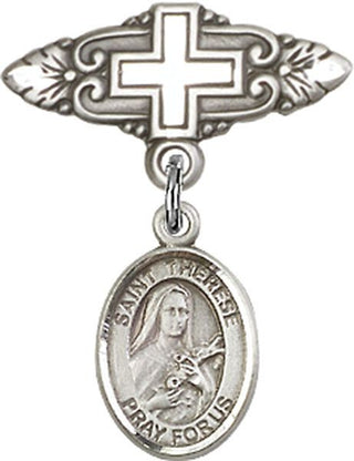 Sterling Silver Badge Pin With Cross St. Therese of Lisieux Baby Badge - Engravable