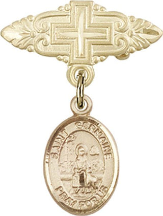 14kt Gold Badge Pin With Cross St. Germaine Cousin Baby Badge - Engravable