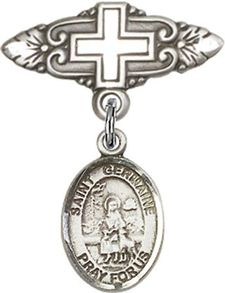 Sterling Silver Badge Pin With Cross St. Germaine Cousin Baby Badge - Engravable