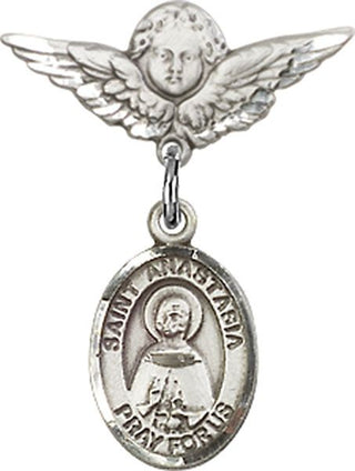 Sterling Silver Small Angel w/Wings St. Anastasia Baby Badge - Engravable