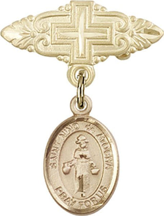 14kt Gold Badge Pin With Cross St. Nino de Atocha Baby Badge - Engravable