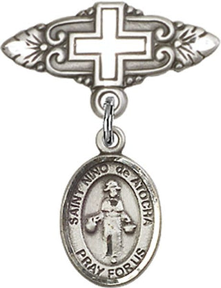Sterling Silver Badge Pin With Cross St. Nino de Atocha Baby Badge - Engravable