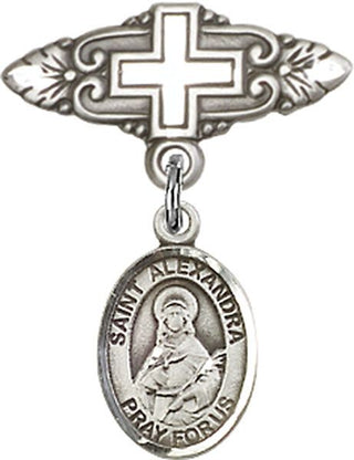 Sterling Silver Badge Pin With Cross St. Alexandra Baby Badge - Engravable