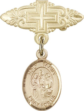 14kt Gold Badge Pin With Cross Holy Family Baby Badge - Engravable