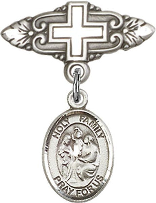 Sterling Silver Badge Pin With Cross Holy Family Baby Badge - Engravable