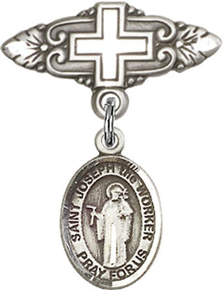 Sterling Silver Badge Pin With Cross St. Joseph the Worker Baby Badge - Engravable