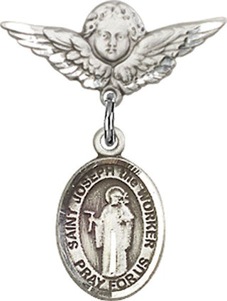 Sterling Silver Small Angel w/Wings St. Joseph the Worker Baby Badge - Engravable