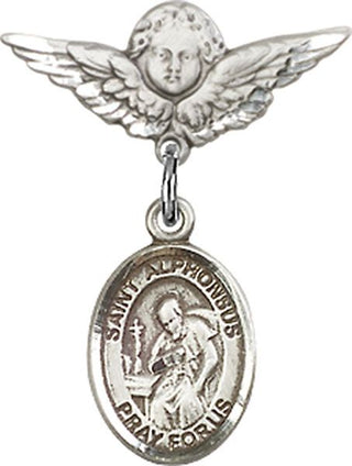 Sterling Silver Small Angel w/Wings St. Alphonsus Baby Badge - Engravable