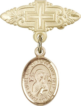 14kt Gold Badge Pin With Cross O/L of Perpetual Help Baby Badge - Engravable