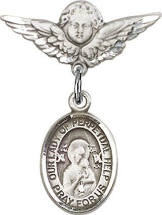 Sterling Silver Small Angel w/Wings O/L of Perpetual Help Baby Badge - Engravable