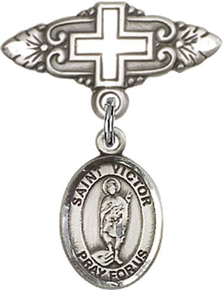 Sterling Silver Badge Pin With Cross St. Victor of Marseilles Baby Badge - Engravable